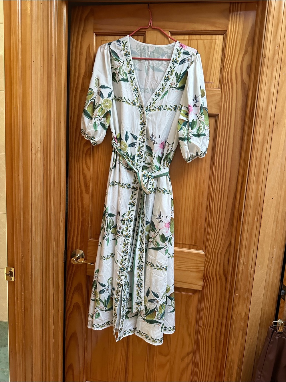 White Floral Wrap Dress with Green Leaf Print